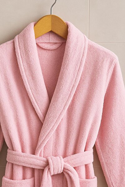 LUNGA VİTA Pink Curling Robe 100% Cotton Kimono Collar Without Hood
