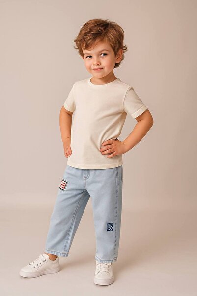 Argün kidss Erkek Çocuk Pamuklu Açık Mavi Nakış Detaylı Denim Oversize Pantolon - Lastikli Bel