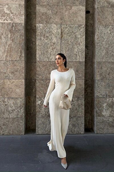 Auroveen Fit Kesim Nervürlü Bisiklet Yaka Uzun Triko Elbise AV3363