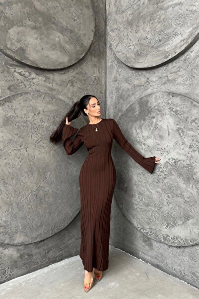 Auroveen Fit Kesim Nervürlü Bisiklet Yaka Uzun Triko Elbise AV3363