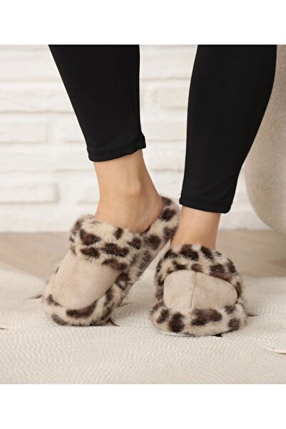 w white stars sports & wear Fl-11 Leopard Patterned Beige Winter Silent House Slippers