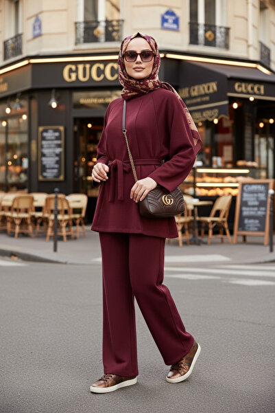 Aselim Hijap Moda Belted Modal Slit Flowy A-Line Hijab Two-Piece Set |   Bordeaux