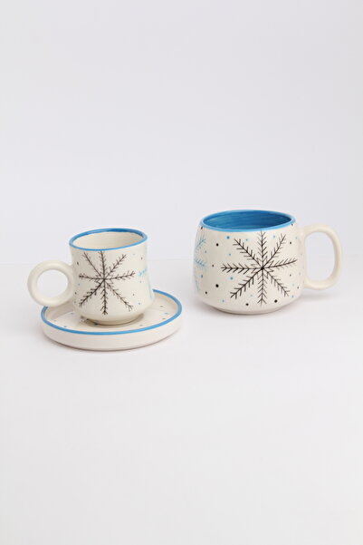 Gezdikçe Bilelim My Dear Self Series Snowflake Patterned, Handmade Ceramic and Mug Set, Mug, Hand Made