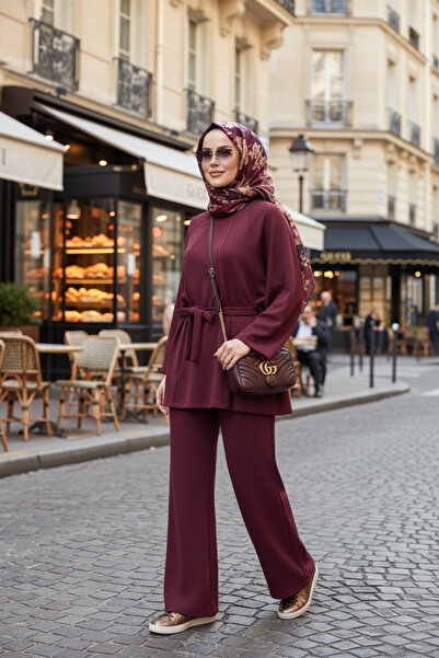 Aselim Hijap Moda Belted Modal Slit Flowy A-Line Hijab Two-Piece Set |   Bordeaux