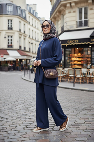 Aselim Hijap Moda Belted Modal Slit Flowy A-Line Hijab Two-Piece Set |   Navy Blue