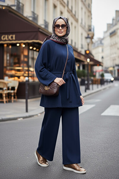 Aselim Hijap Moda Belted Modal Slit Flowy A-Line Hijab Two-Piece Set |   Navy Blue