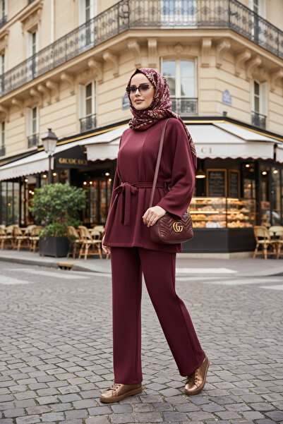Aselim Hijap Moda Belted Modal Slit Flowy A-Line Hijab Two-Piece Set |   Bordeaux