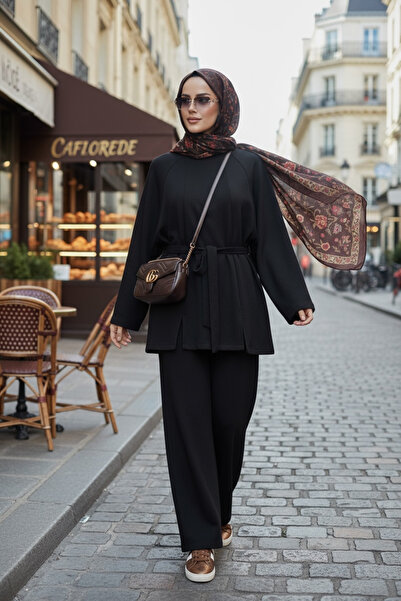 Aselim Hijap Moda Belted Modal Slit Double Hijab Set Black