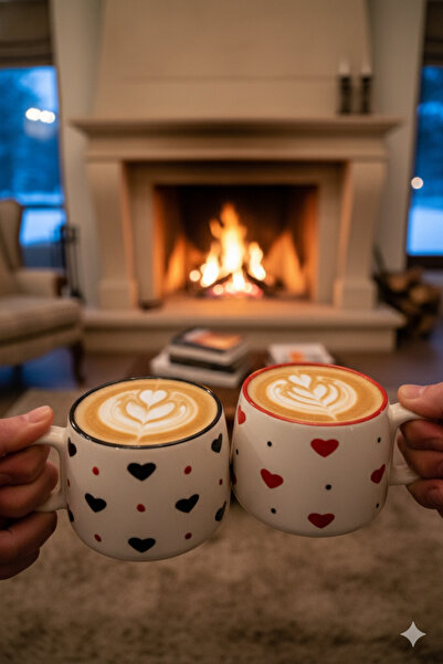 Gezdikçe Bilelim 2-Person Black and Red Heart Handmade Double Ceramic Mug, Ceramic Mug, Mug, Handmade