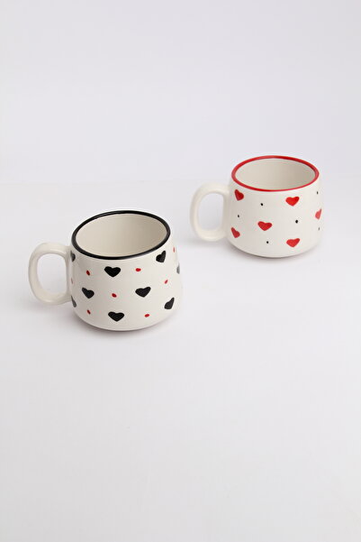 Gezdikçe Bilelim 2-Person Black and Red Heart Handmade Double Ceramic Mug, Ceramic Mug, Mug, Handmade