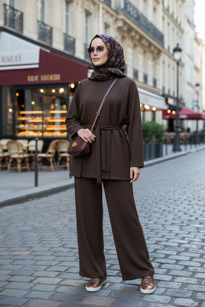 Aselim Hijap Moda Belted Modal Slit Flowy A-Line Hijab Two-Piece Set |   Acıkahve