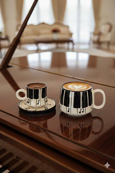 Gezdikçe Bilelim My Dear Self Series Piano Patterned, Handmade Ceramic and Mug Set, Mug, Hand Made