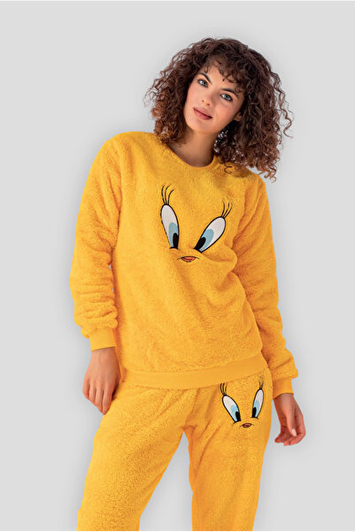 Mrs Justin Kadın Welsoft Sarı Civciv Sevimli Figürlü Peluş İkili Pijama Takımı