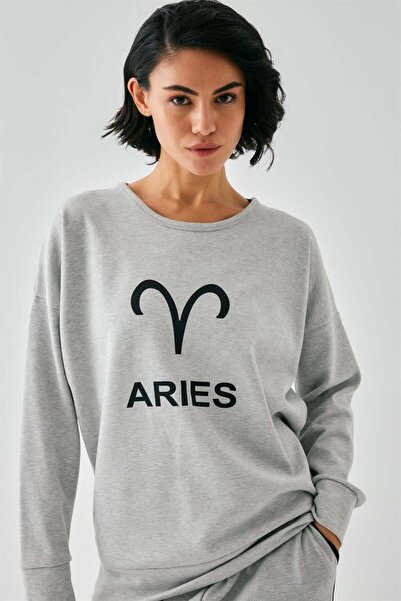 modaserdem Mdsrdm Women's Gray Aries Zodiac Sign Oversized 2 Thread Tracksuit Home Wear Set