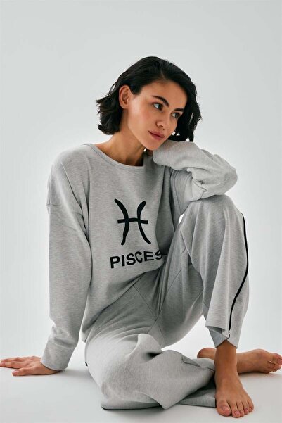 modaserdem Mdsrdm Women's Gray Pisces Oversized 2 Thread Tracksuit Home Wear Set