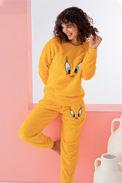 Mrs Justin Kadın Welsoft Sarı Civciv Sevimli Figürlü Peluş İkili Pijama Takımı