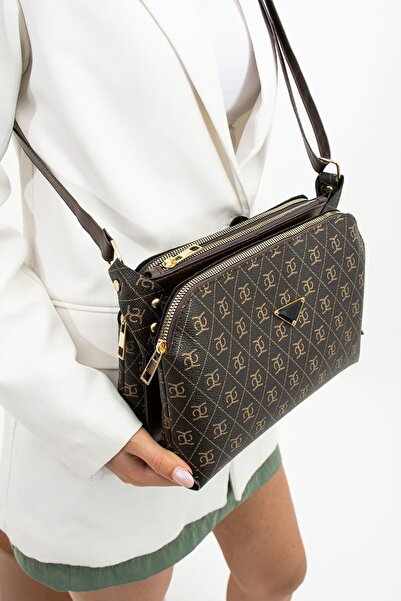 mugalas Brown Patterned Garnished Three-Compartment Adjustable Long Strap Women's Shoulder Bag