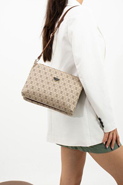 mugalas Beige Tan Patterned Garnished Three-Compartment Adjustable Long Strap Women's Shoulder Bag