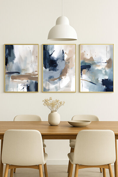 seninürünün Μπλε ναυτικό αφηρημένο - Σετ 3 μοντέρνων πίνακων με μεταλλικό κορ...