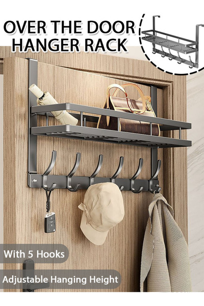 Generic Over the Door Hook Hanger Rack with 5 Hooks and Storage Basket,Towel ...