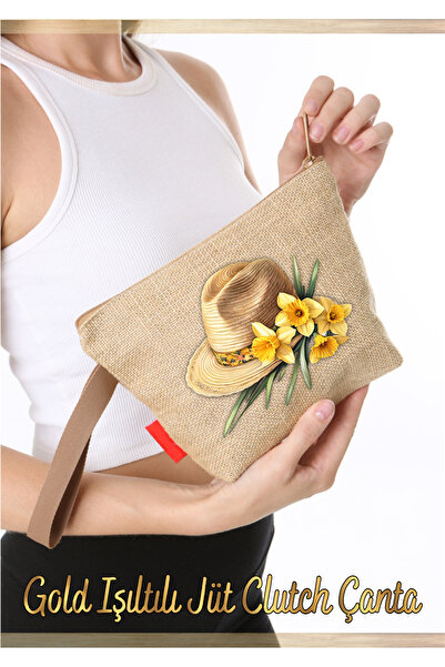 AGG Reklam Gold Sparkling Jute Clutch Bag Floral Hat 1 Piece