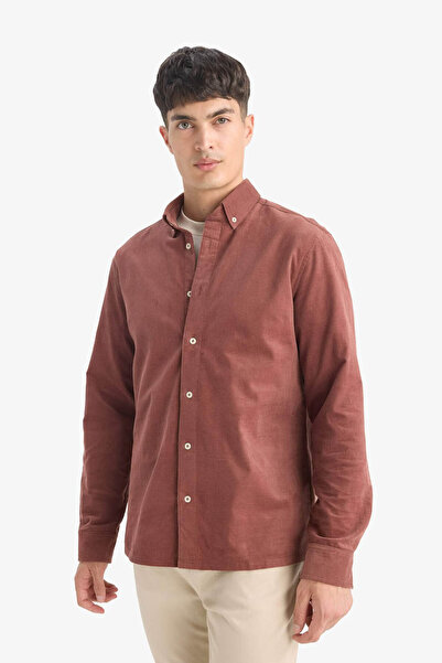 DeFacto Regular Fit Polo Neck Corded Fabric Velvet Long Sleeve Brown Men's Shirt E9024Ax/Bn152