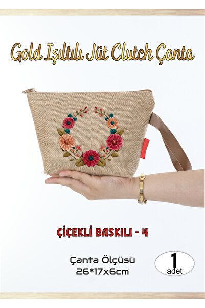 AGG Reklam Gold Sparkling Jute Clutch Bag Flower Printed -4 1 Piece