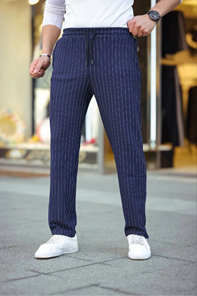 DoğruFashion Men's Striped Woven Crepe Jogger Buggy Pants Comfortable Fit - Navy Blue