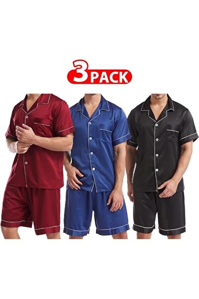 Margoun Mens Satin Pajamas Set Button Down Short Sleeve Silk Sleepwear Loose Pocket-3pack-MG02