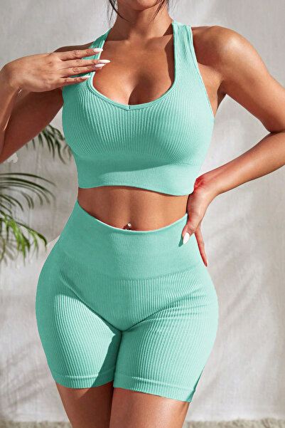 Genel Markalar Kadın Açık Mavi Yüksek Bel Çapraz Sırt Detaylı Şortlu Gecelik Takım