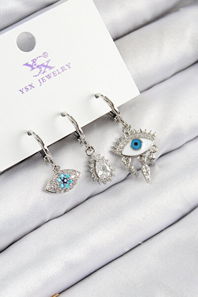 shopwave أقراط نسائية من النحاس والزركون مكونة من 3 قطع عين فاطمة موديل فضي اللون