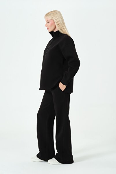 BUSA Maternity Adjustable Waist Wide Leg Zippered Thermal Tracksuit Set Black