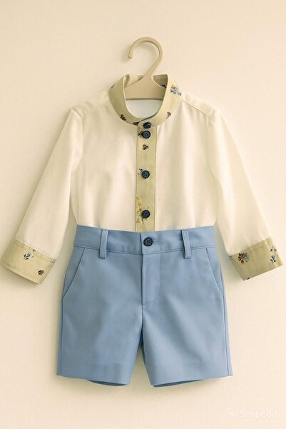 La reina petite Stylish boys' set – Linen shirt with details and sky blue shorts