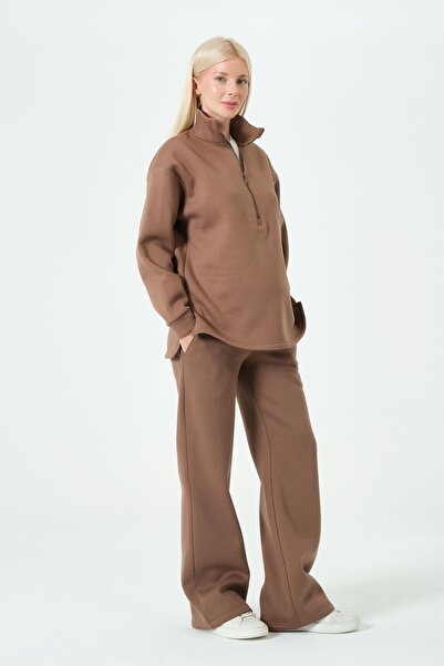 BUSA Maternity Adjustable Waist Wide Leg Zippered Thermal Tracksuit Set Brown