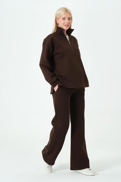 BUSA Maternity Adjustable Waist Wide Leg Zippered Thermal Tracksuit Set Brown