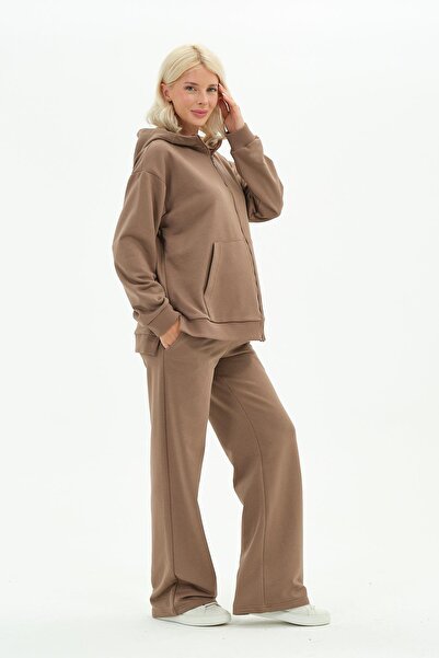 BUSA Maternity Adjustable Waist Front Zipper Hooded Tracksuit Set Brown