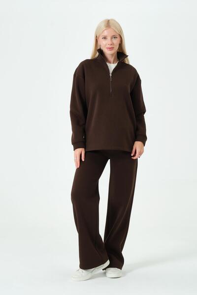 BUSA Maternity Adjustable Waist Wide Leg Zippered Thermal Tracksuit Set Brown
