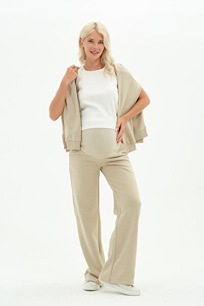 BUSA Maternity Adjustable Waist Front Zipper Hooded Tracksuit Set Beige