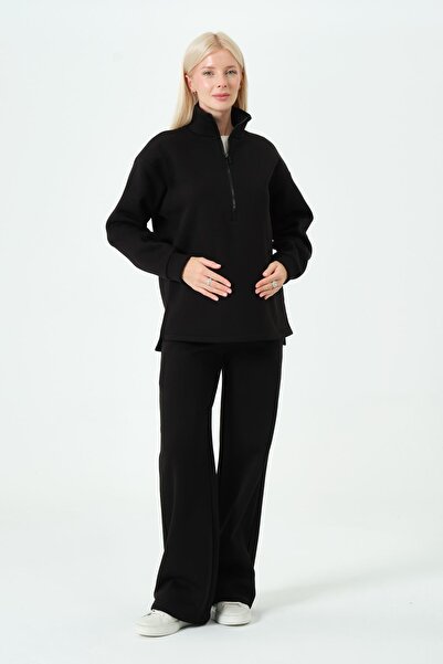 BUSA Maternity Adjustable Waist Wide Leg Zippered Thermal Tracksuit Set Black