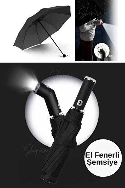 Shopura Premium Kaliteli Fenerli Şemsiye - Orjinal Fonksiyonel Işıklı Şemsiye - Dayanıklı Siyah Şemsiye