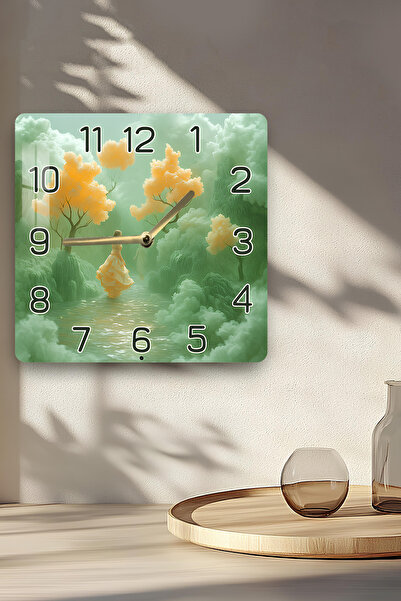 kutuTR 3D Look Tempered Glass Square Clock – Green Forest and Yellow Dress Themed Uv Printing 33X33 cm - Kcs135