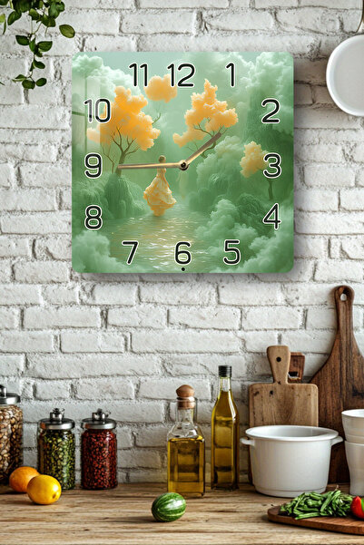 kutuTR 3D Look Tempered Glass Square Clock – Green Forest and Yellow Dress Themed Uv Printing 33X33 cm - Kcs135