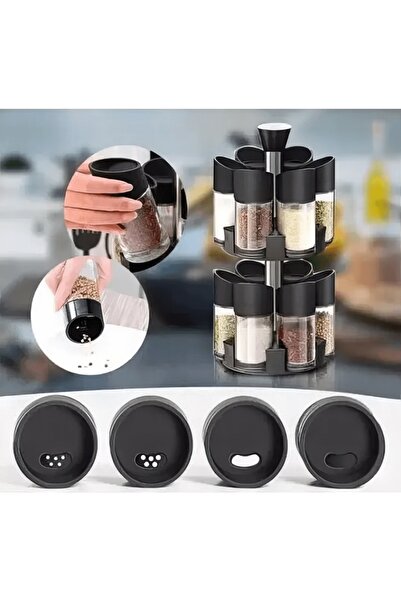 Boxely Spice Containers Set, 12 Jars, 360° Rotating ABS Stand, Black, 11.5 x 5 cm