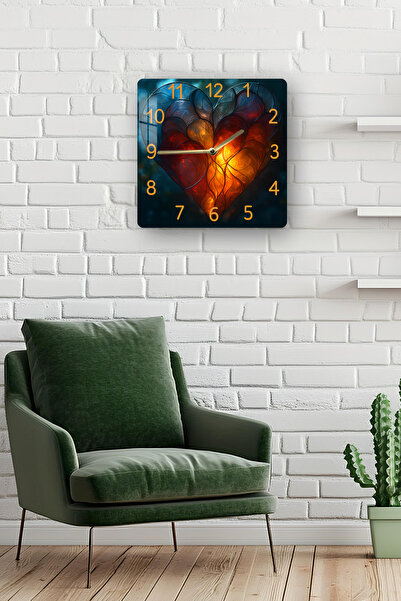 kutuTR 3D Looking Tempered Glass Square Clock – Luminous Heart Pattern Uv Printing 33X33 cm - Kcs139