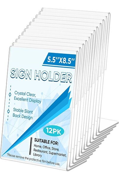 Slasa 12 Pack 5.5x8.5 Vertical L Shape Acrylic Sign Holder Clear Plastic Display Stand