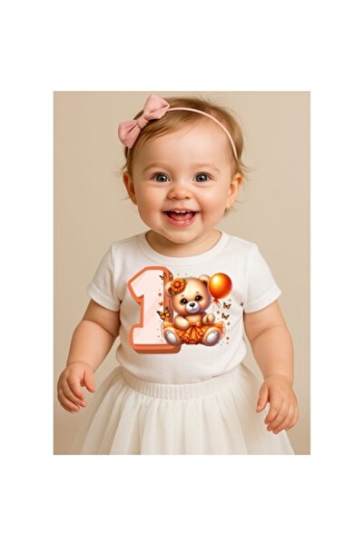 OEM - Tricou fete, numărul 1 cu imprimeu portocaliu cu ursuleți, alb, 86 cm