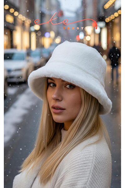 Eke Tekstil KADIN PELUŞ BUCKET BEYAZ RENK ŞAPKA