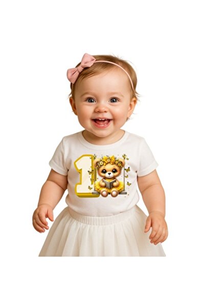 OEM - Personalized birthday T-shirt for girl, number 1, yellow teddy, white, 86 cm