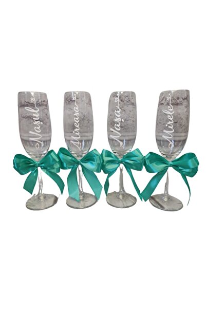 OEM Set de 4 pahare de nuntă pentru mireasă, mire și nași cu fundă turcoaz