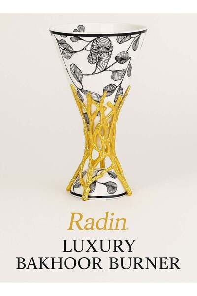 Radin Luxury Bakhoor Burner - Gold Stand with Black & White Leaf Design